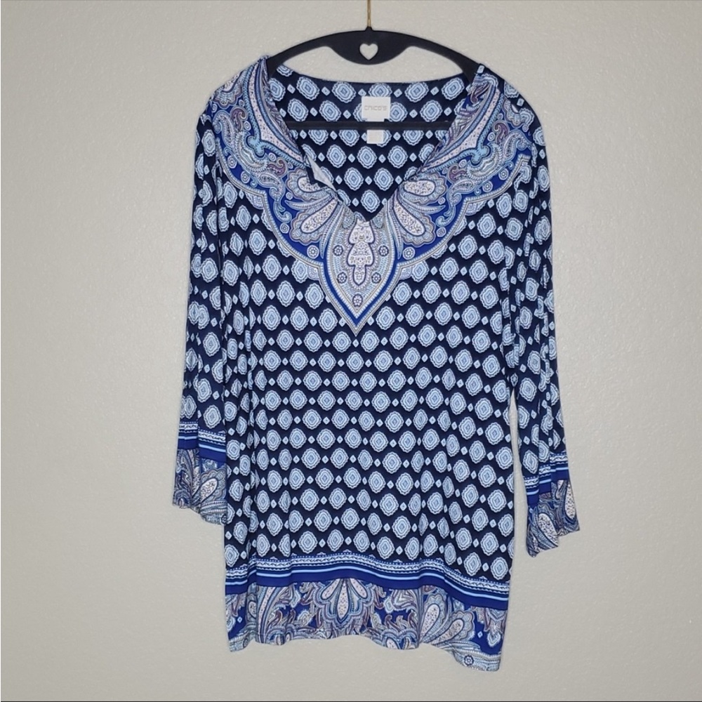 Chico’s Soft Blue Tunic top with side slits, Size 1 (M - 8/10)